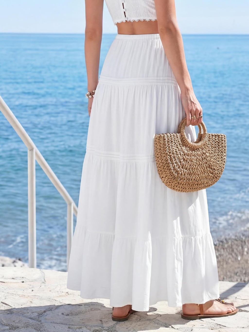 BTFBM Spring Skirts for Women Summer Boho Beach Vacation Clothes Casual Pleated High Waisted Flowy Maxi Skirt