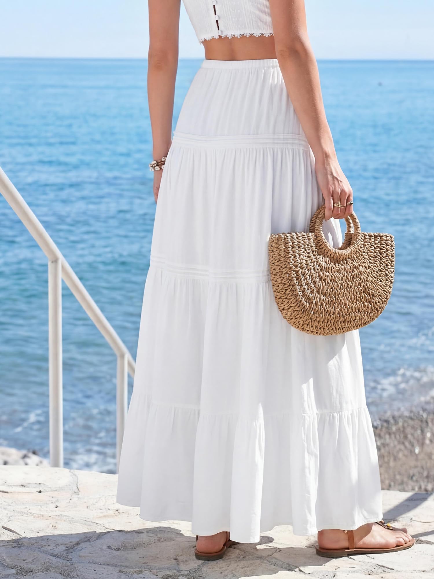 BTFBM Spring Skirts for Women Summer Boho Beach Vacation Clothes Casual Pleated High Waisted Flowy Maxi Skirt