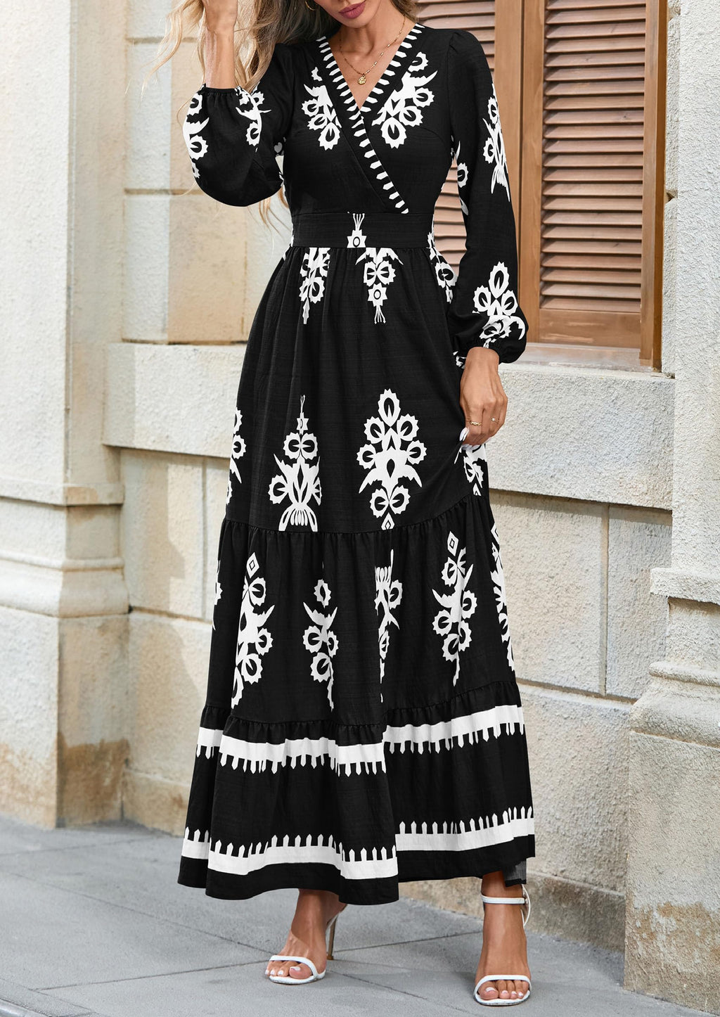 PRETTYGARDEN Women's Fall Wedding Guest Dresses Boho Floral Long Sleeve V Neck Flowy Elegant Maxi Dress Beach Clothes