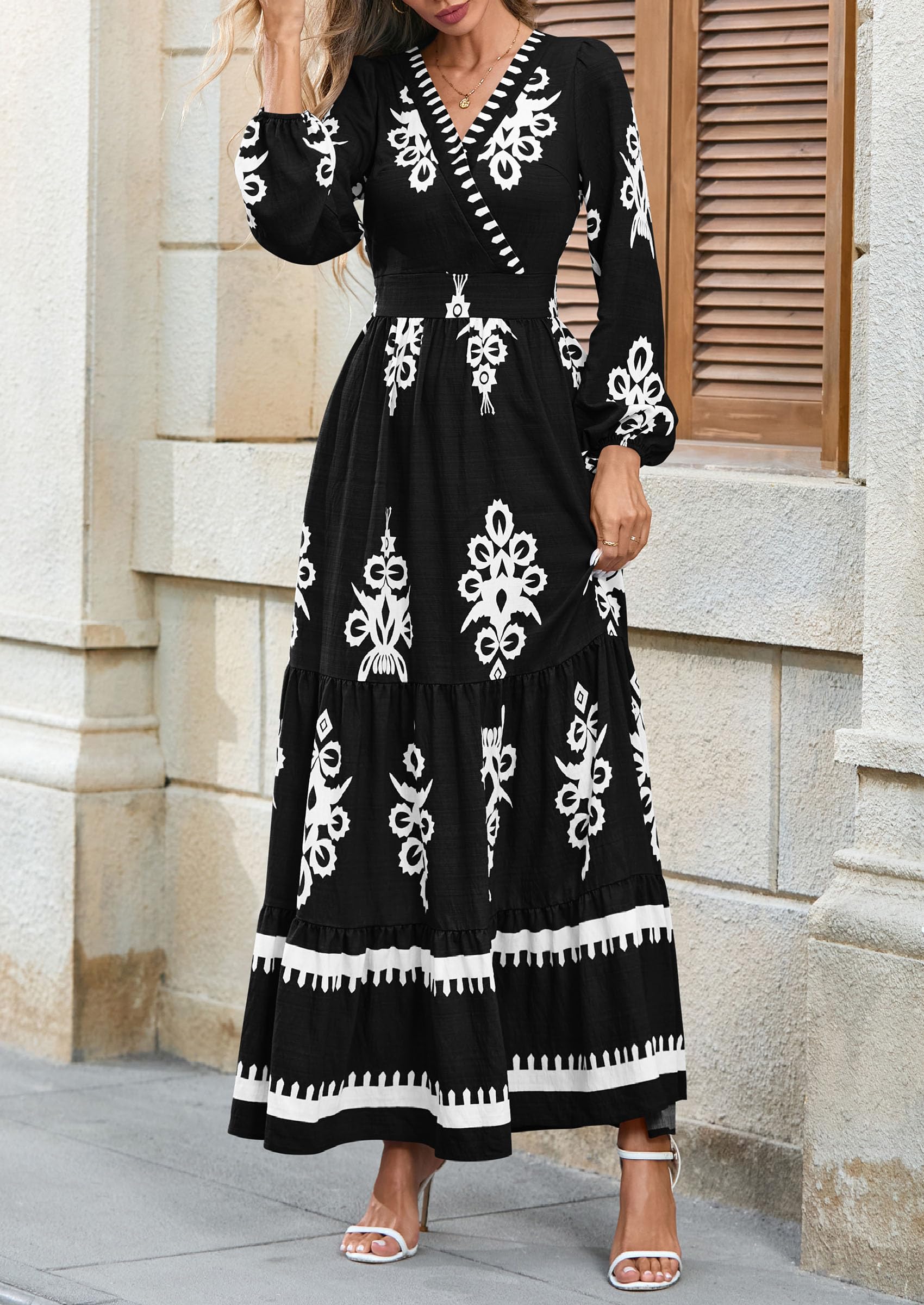PRETTYGARDEN Women's Fall Wedding Guest Dresses Boho Floral Long Sleeve V Neck Flowy Elegant Maxi Dress Beach Clothes