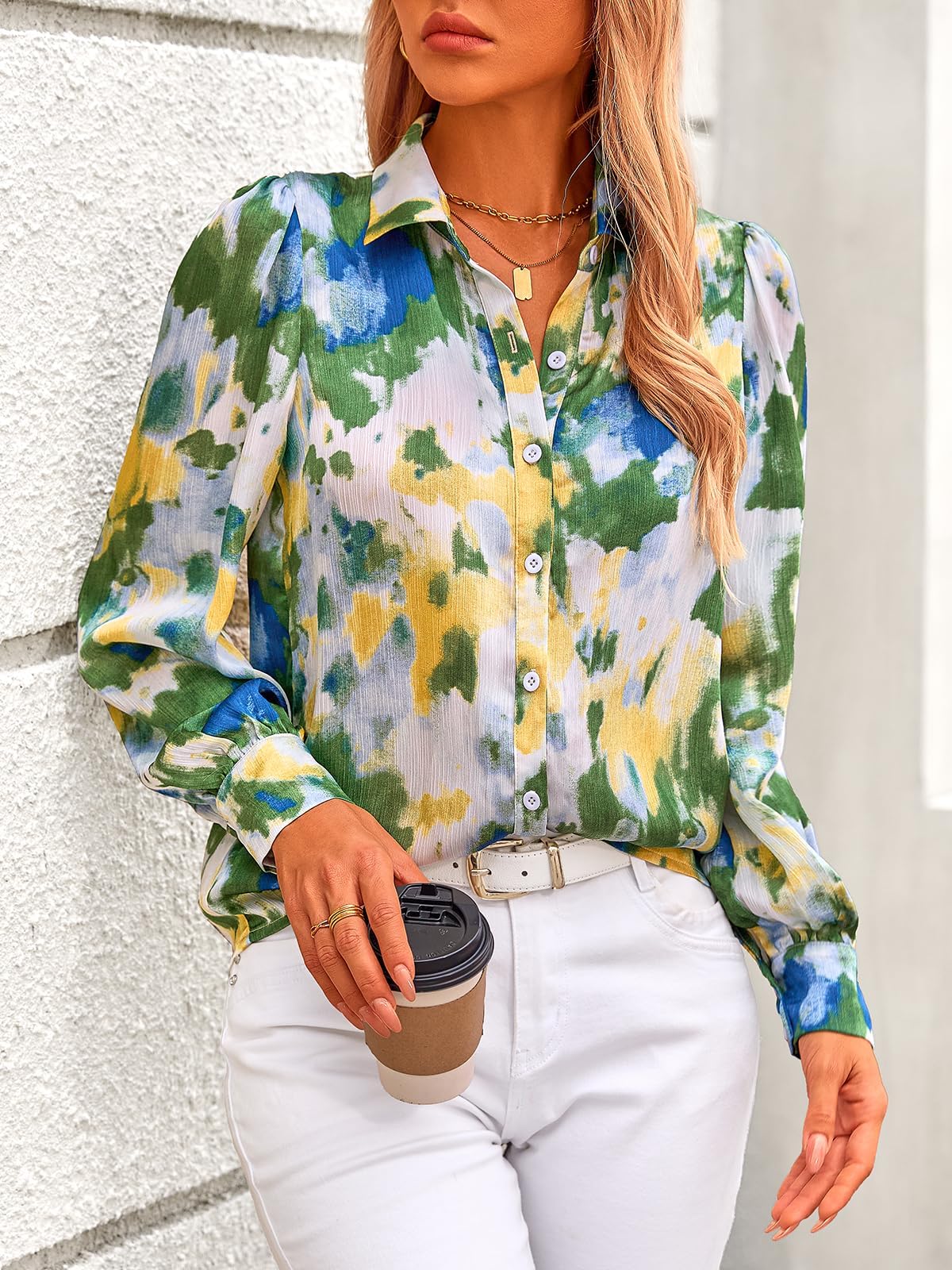 PRETTYGARDEN Women's Floral Blouses Dressy Casual V Neck Button Down Shirts Lantern Long Sleeve Boho Chiffon Spring Tops