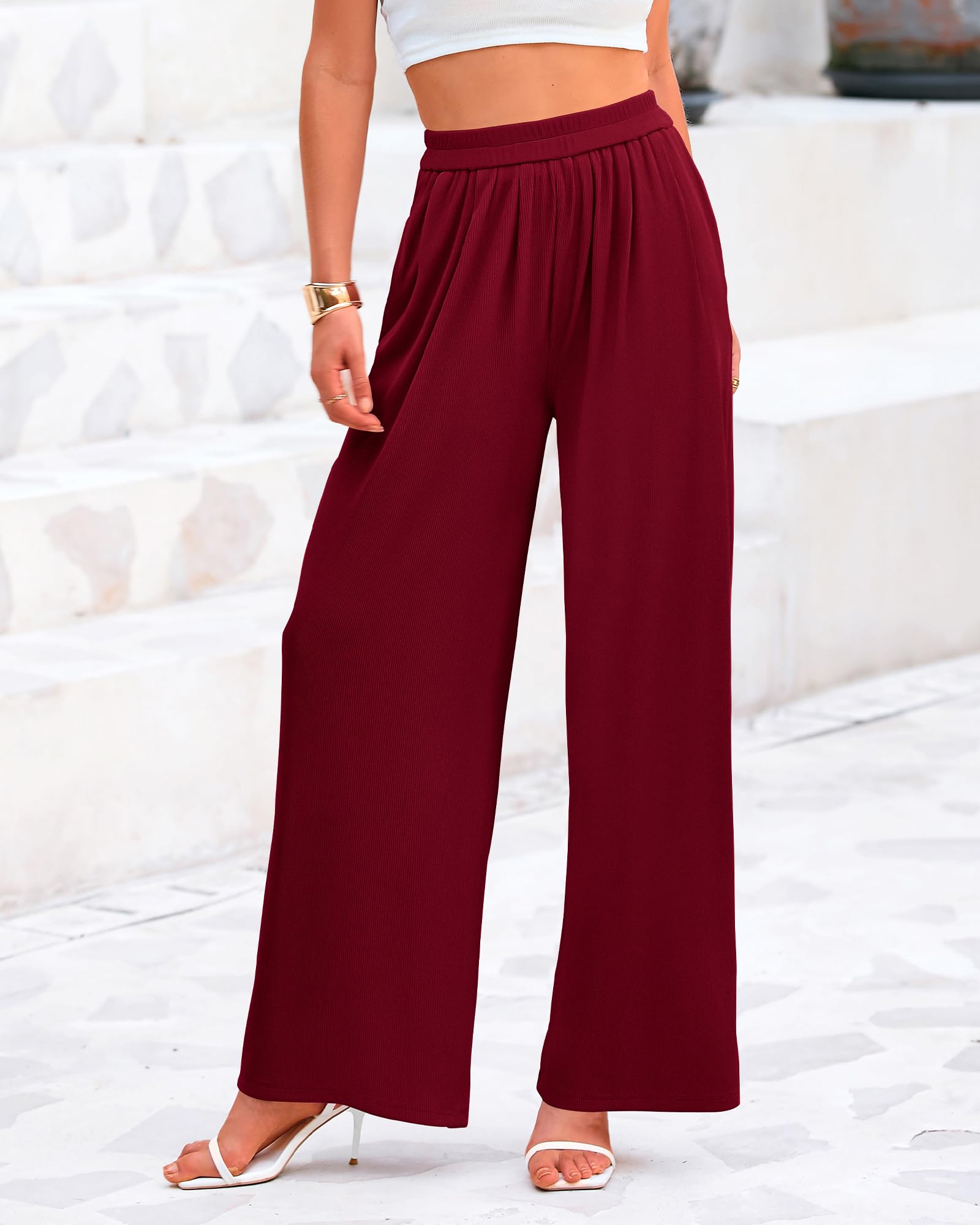 BTFBM Palazzo Pants for Women Spring Summer Clothes Pockets High Waist Casual Knit Flowy Wide Leg Trousers