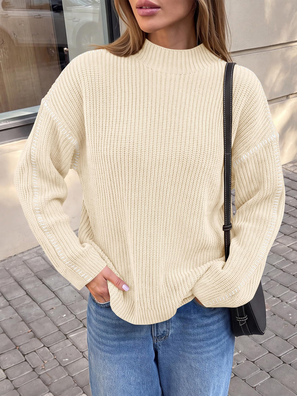 "BTFBM Womens Oversized Sweaters Contrast Chunky Knit Sweater Loose Fit Mock Neck Long Sleeve Tops, Soft Cozy Knitwear, Fall Fashion 2026, Casual Winter Clothing, Daily Going Out Outfits"