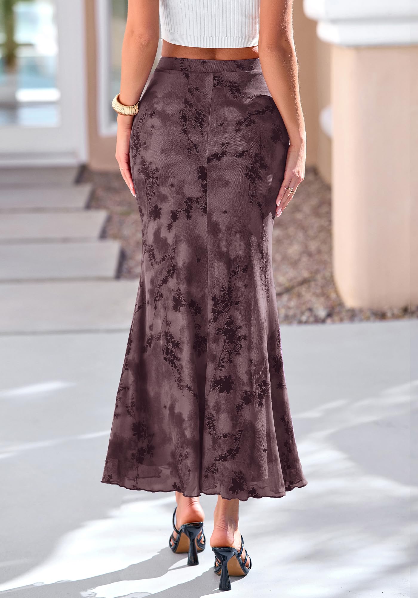 BTFBM Womens Floral Mesh Maxi Skirt Spring Summer Elastic High Waisted Boho Elegant Mermaid Long Skirts for Women