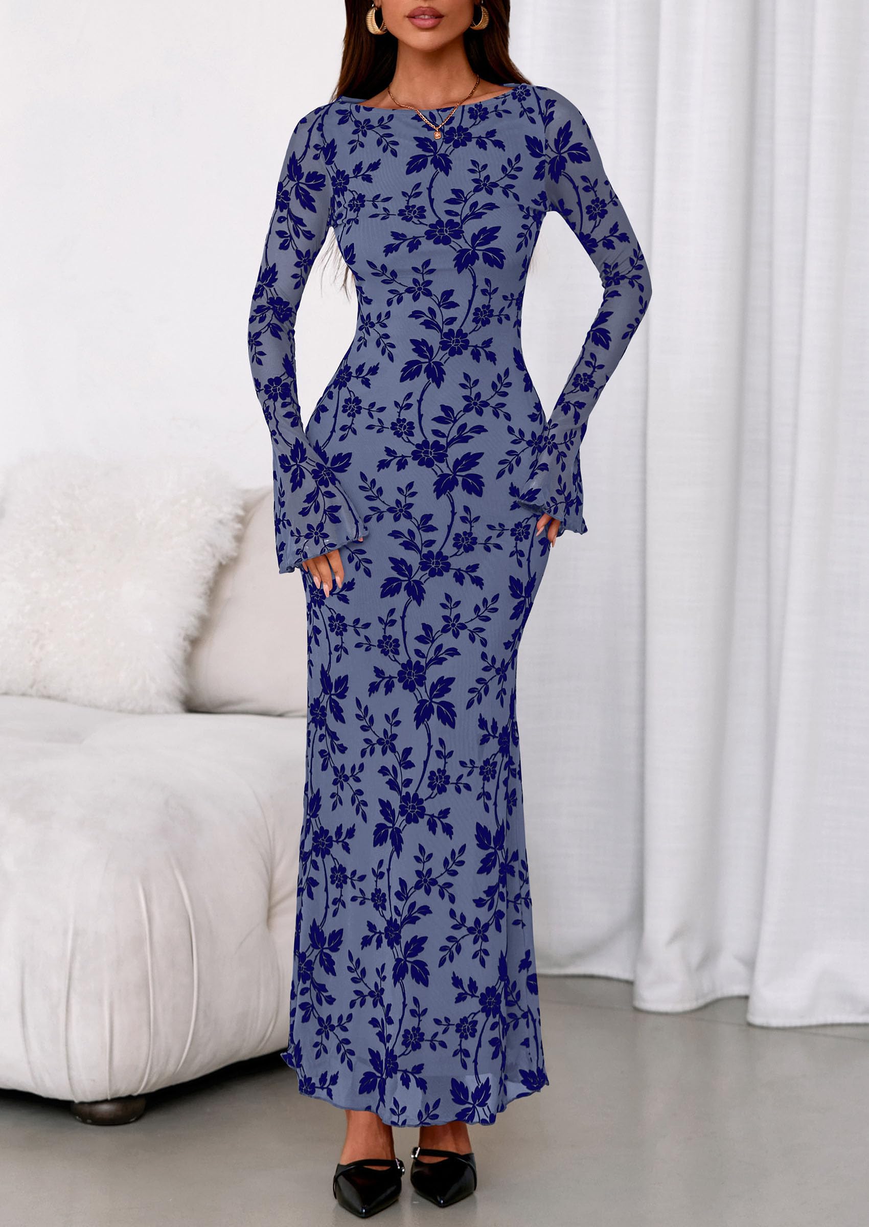 PRETTYGARDEN Women's Floral Bodycon Maxi Dress Fall Elegant Mesh Long Sleeve Formal Wedding Guest Cocktail Dresses