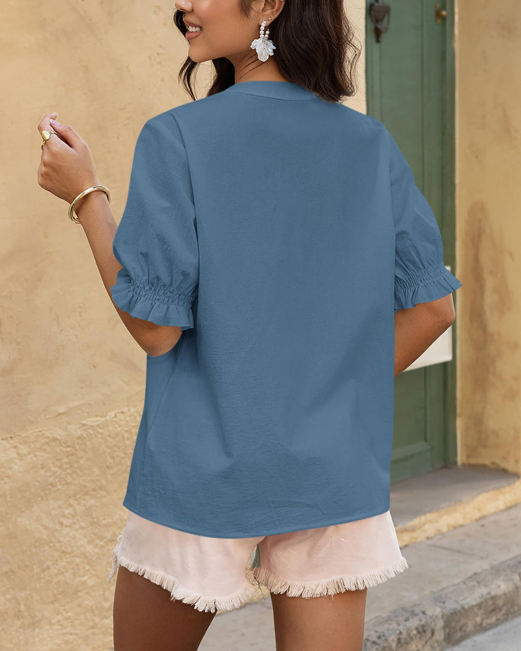 BTFBM Women's Spring Tops Casual Floral Boho V Neck Puff Short Sleeve Button Down Shirts Embroidered Blouses Tunic