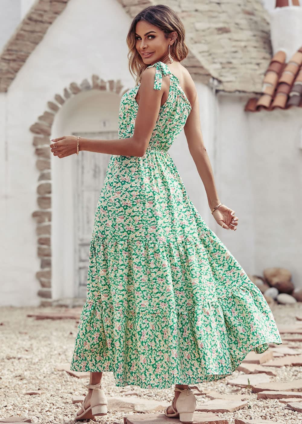 PRETTYGARDEN Women's Summer Floral One Shoulder Maxi Dress Knot Ruffle Boho Beach Vacation Wedding Guest Long Sun Dresses