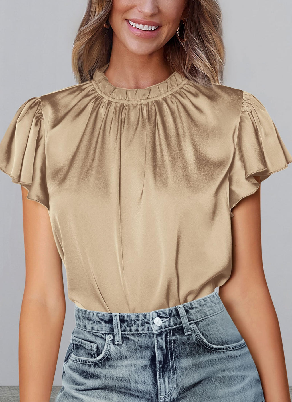 PRETTYGARDEN Business Casual Tops for Women Blouses Dressy  Summer Short Sleeve Ruffle Satin Work Office Attire