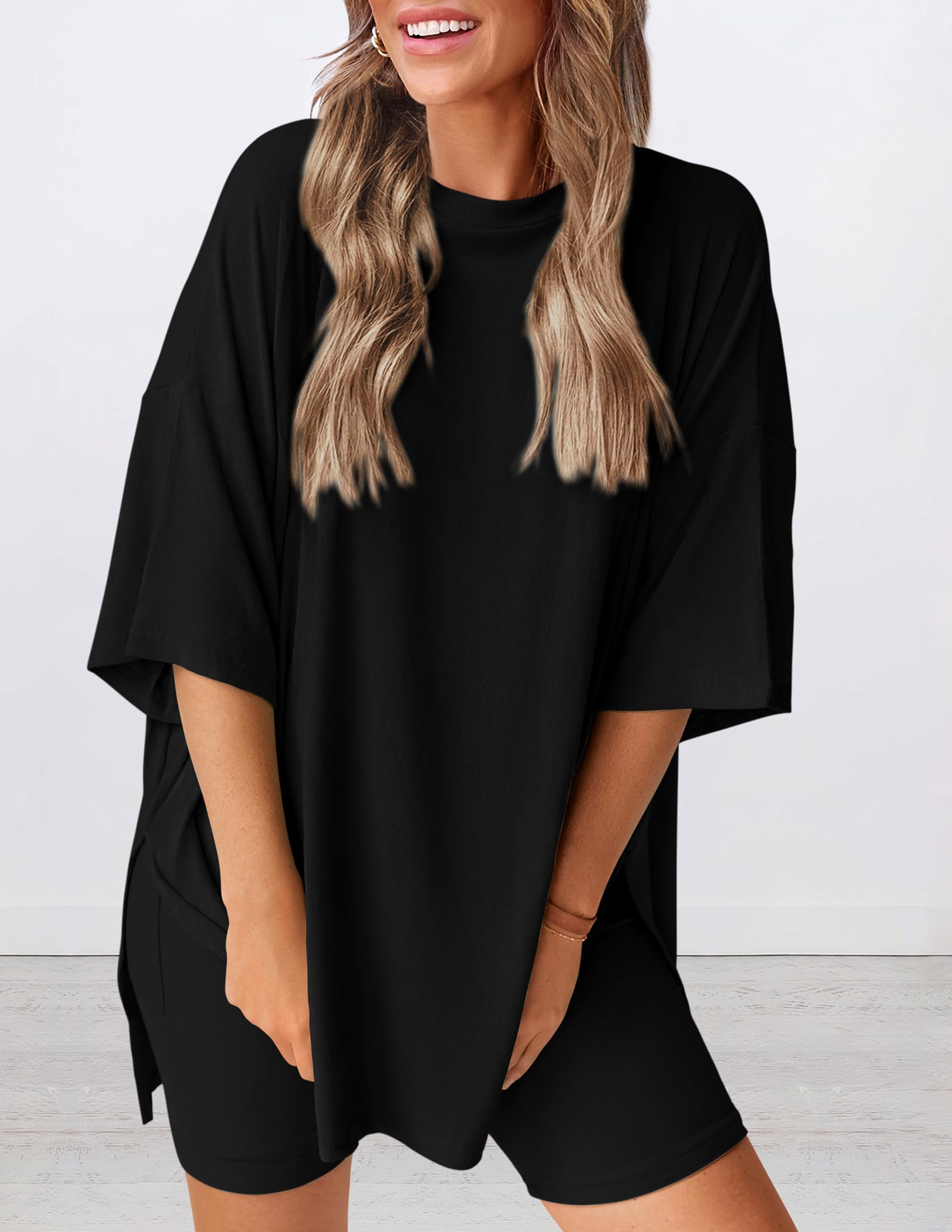 PRETTYGARDEN Women's Two Piece Lounge Set Summer Casual Oversized Shirts Biker Shorts Matching Airport Travel Outfit