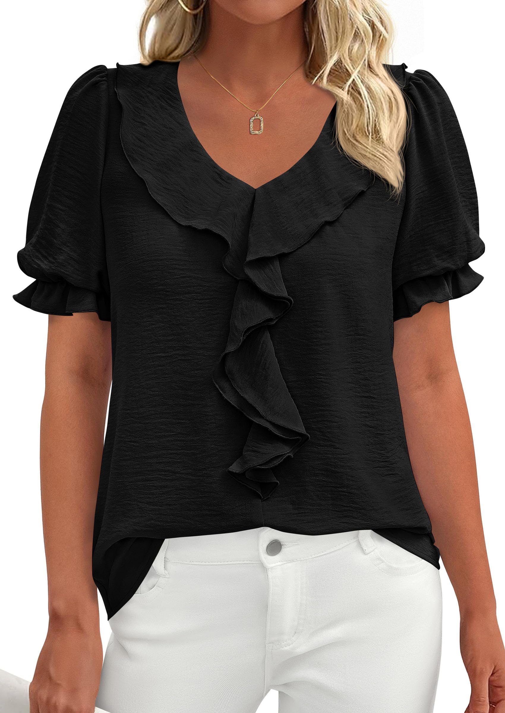 PRETTYGARDEN Women's Summer Dressy Casual Blouses Short Sleeve V Neck Ruffle Business Work Tops Trendy Spring Outfits