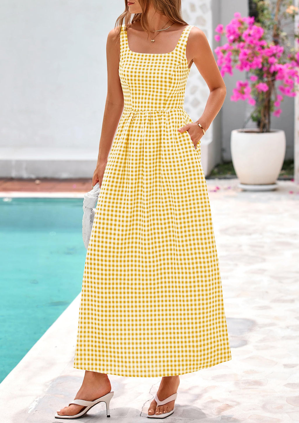 PRETTYGARDEN Women's Summer Spaghetti Strap Maxi Dresses Plaid Square Neck A Line Casual Beach Vacation Long Sundress