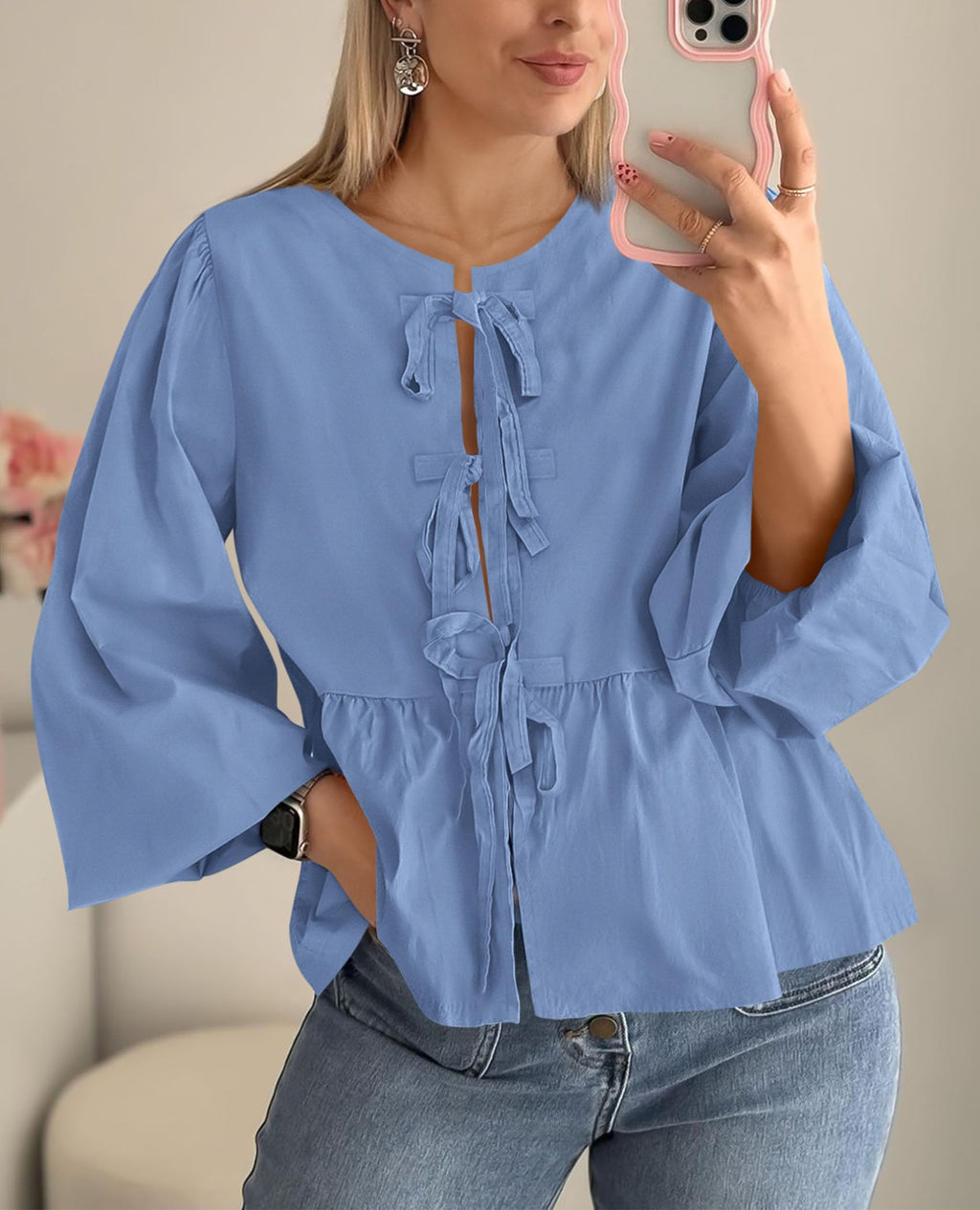 PRETTYGARDEN Women's Spring Fall Babydoll Peplum Blouse Shirt Puff Long Sleeve Bow Tie Front Trendy Cute Y2K Going Out Tops