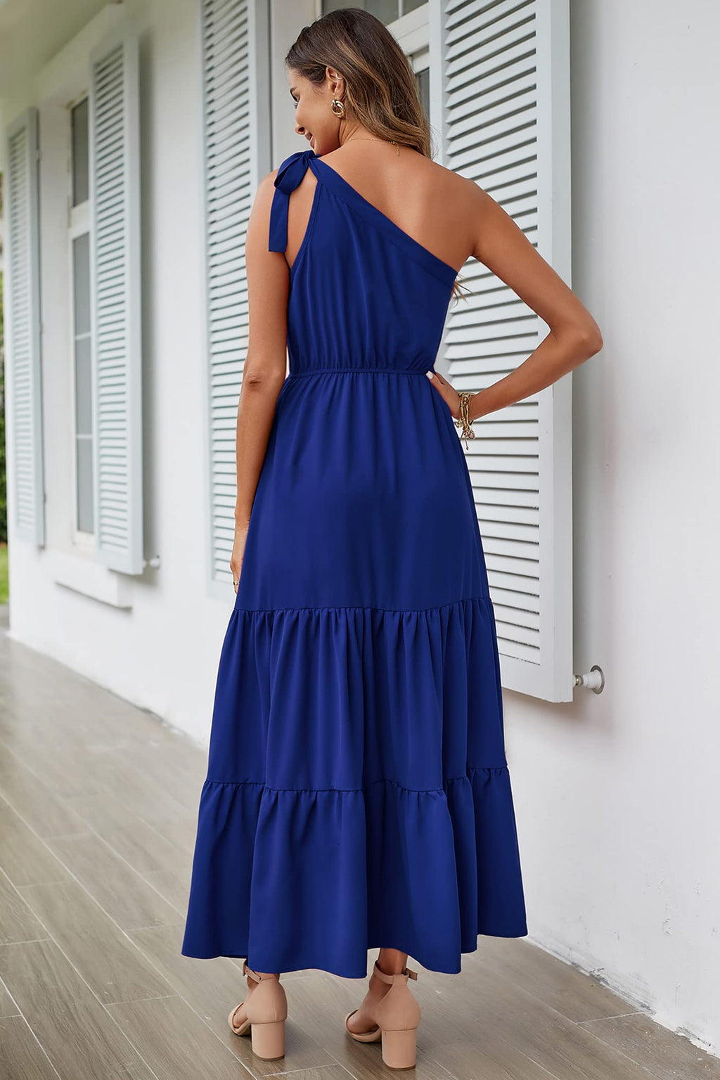 PRETTYGARDEN Women's Summer Floral One Shoulder Maxi Dress Knot Ruffle Boho Beach Vacation Wedding Guest Long Sun Dresses