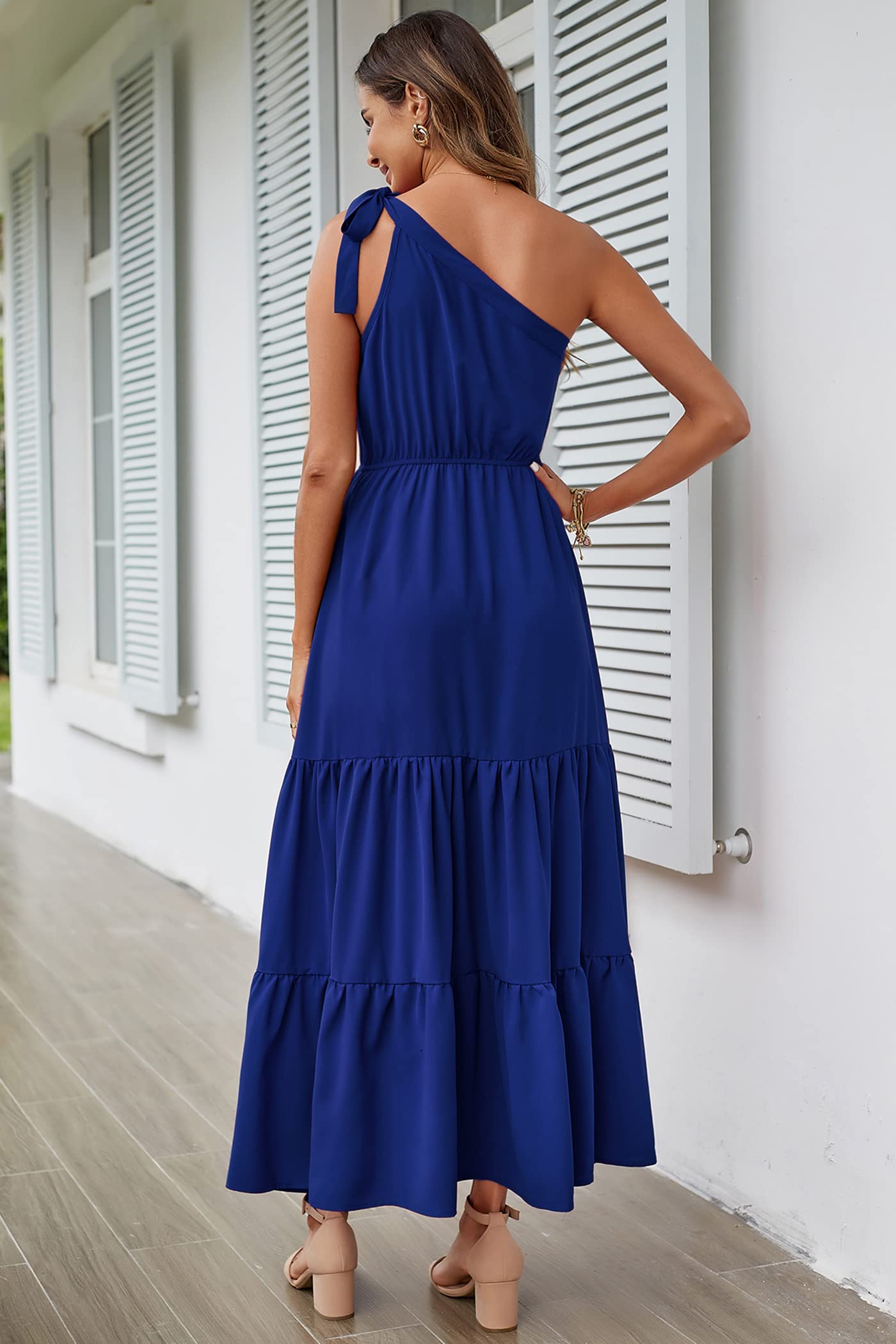 PRETTYGARDEN Women's Summer Floral One Shoulder Maxi Dress Knot Ruffle Boho Beach Vacation Wedding Guest Long Sun Dresses