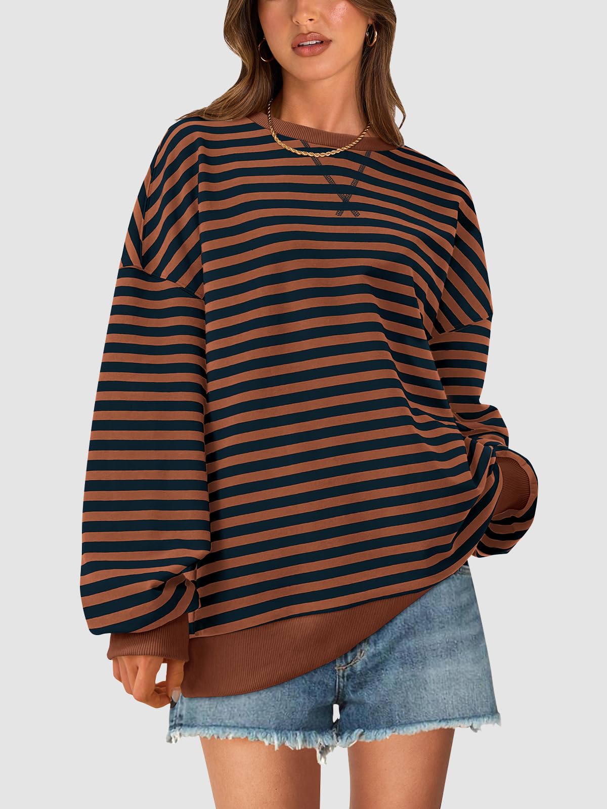 PRETTYGARDEN Womens Striped Oversized Sweatshirt Color Block Crew Neck Long Sleeve Casual Loose Pullover Top Y2K Clothes