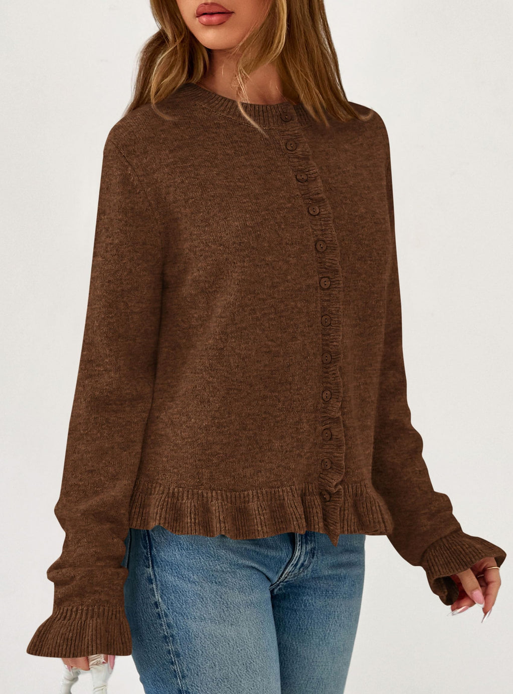 PRETTYGARDEN Womens Fall Button Down Cardigans Chunky Knit Ruffle Open Front Cropped Cardigan Sweaters Soft Long Sleeve Tops