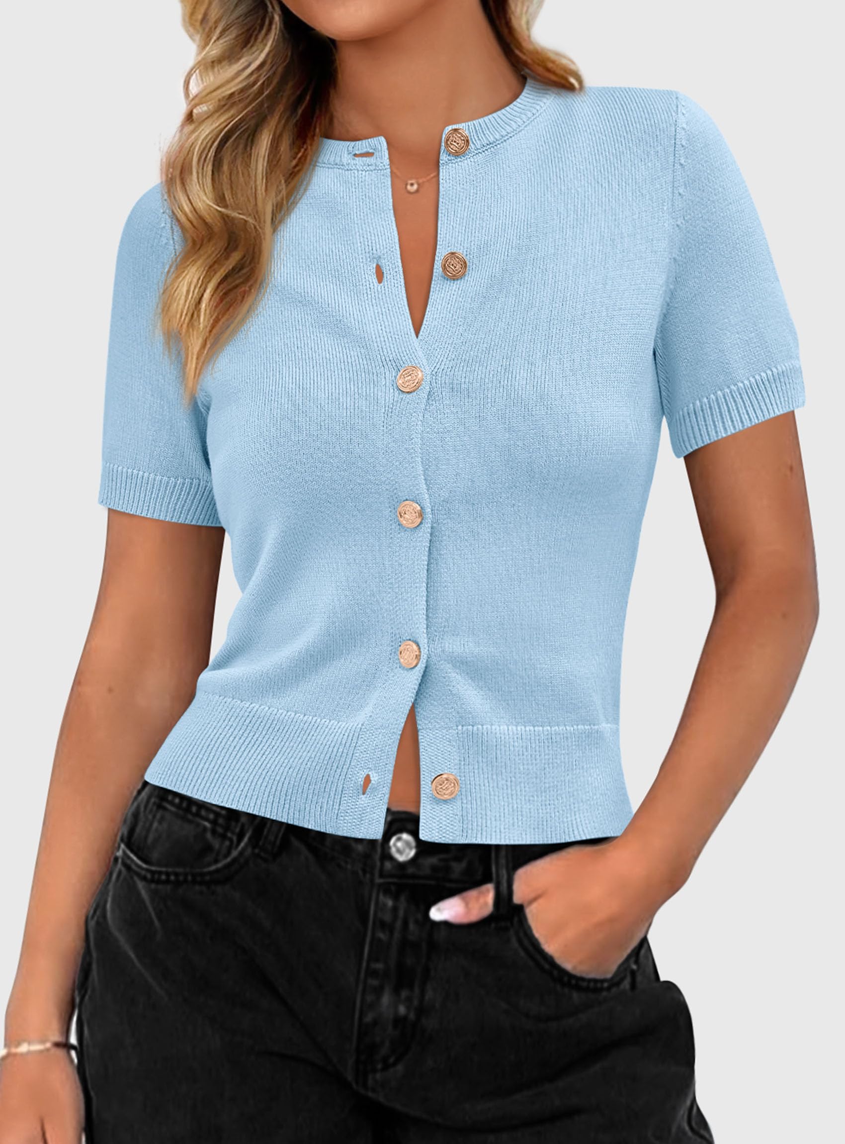PRETTYGARDEN Womens Casual Summer Short Sleeve Cardigans Button Down Knitted Sweater Basic Crew Neck Crop Tops