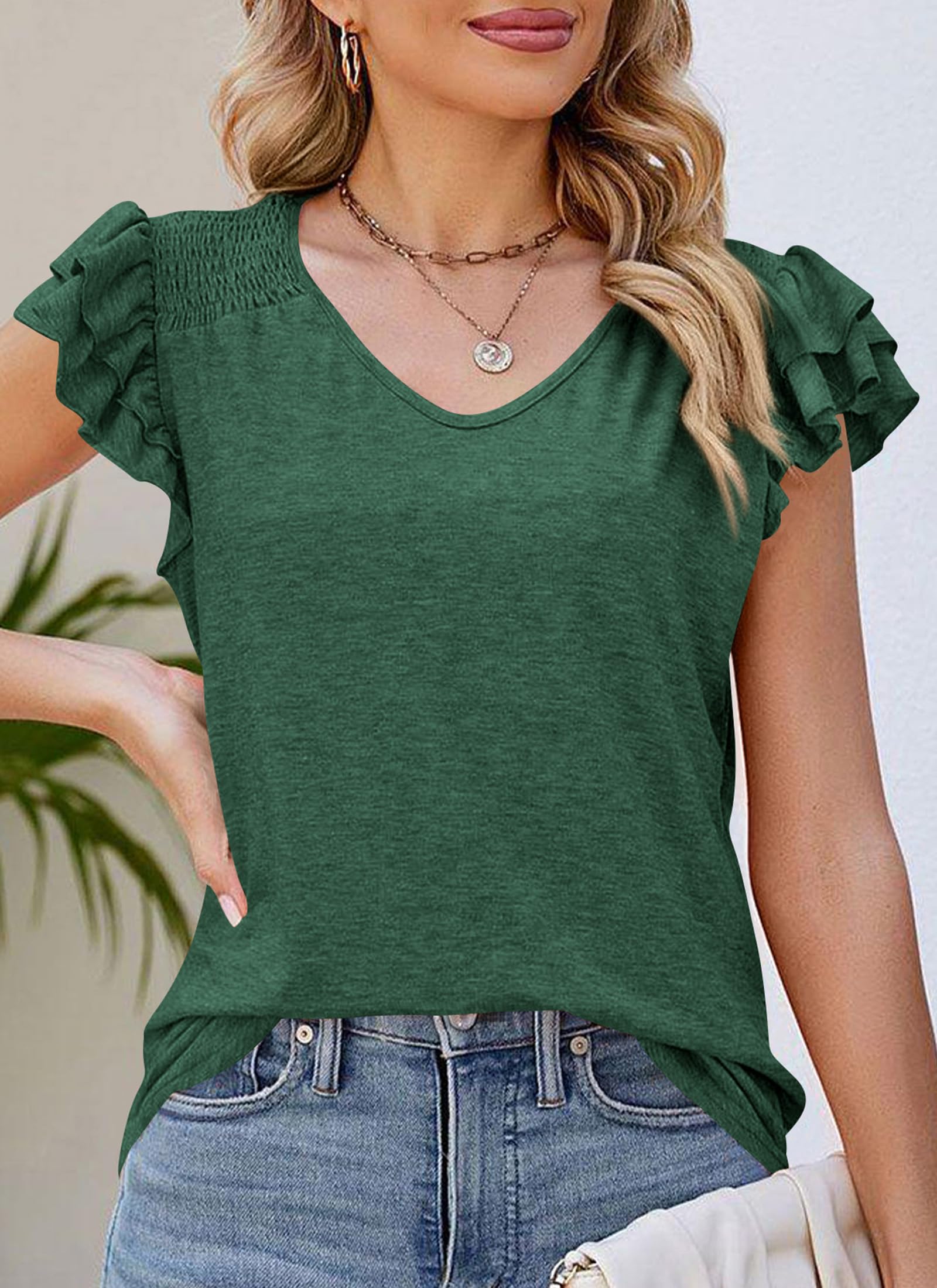 PRETTYGARDEN Summer Tops for Women Spring Trendy Fashion Clothes Casual Ruffle V Neck Short Sleeve Shirts Blouses