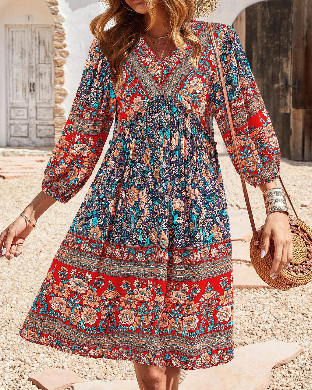 BTFBM Women Casual Spring Summer Dresses V Neck 3/4 Long Sleeve Ruffle Floral Flowy Boho Babydoll Mini Short Beach Dress