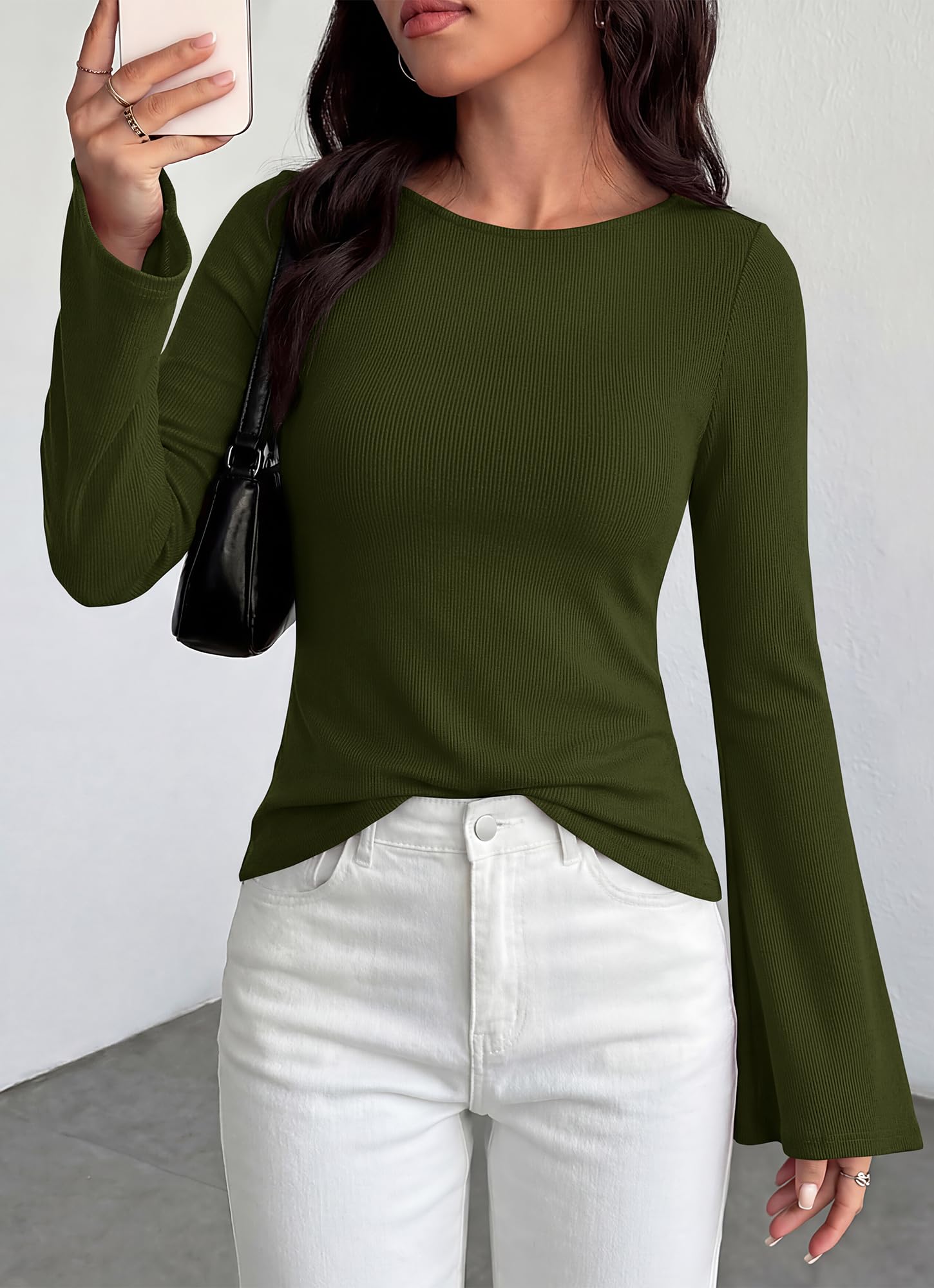 BTFBM Long Sleeve Shirts for Women Spring Y2K Clothes Casual Boat Neck Bell Sleeve Fitted Fall Going Out Tops