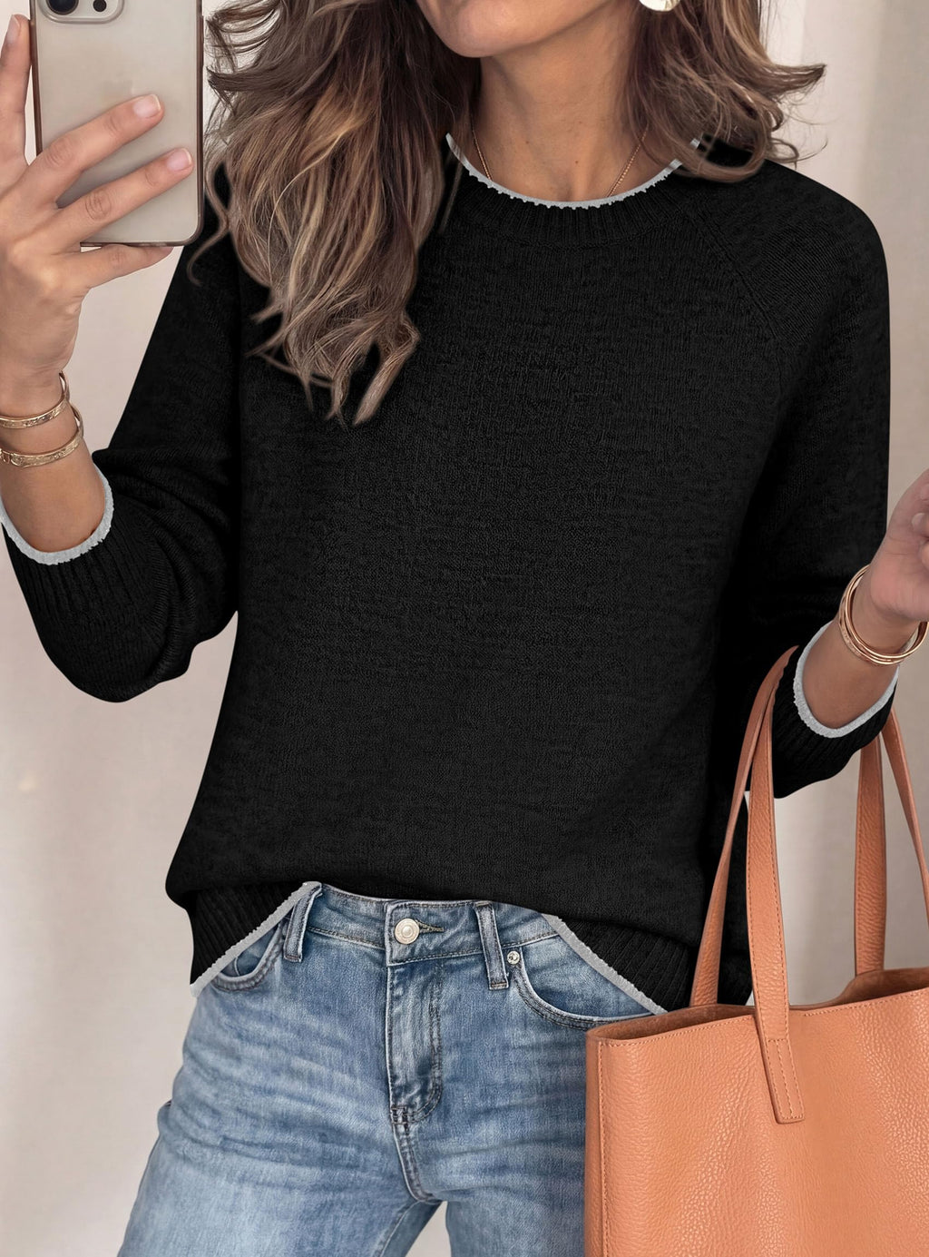 PRETTYGARDEN Womens Crewneck Fall Sweaters Pullover Tops Soft Stretchy Knit,Raglan Long Sleeve,Ribbed Cuffs,Color Block,Casual Daily Outfits,Office Work Clothes,Winter Layering Wear