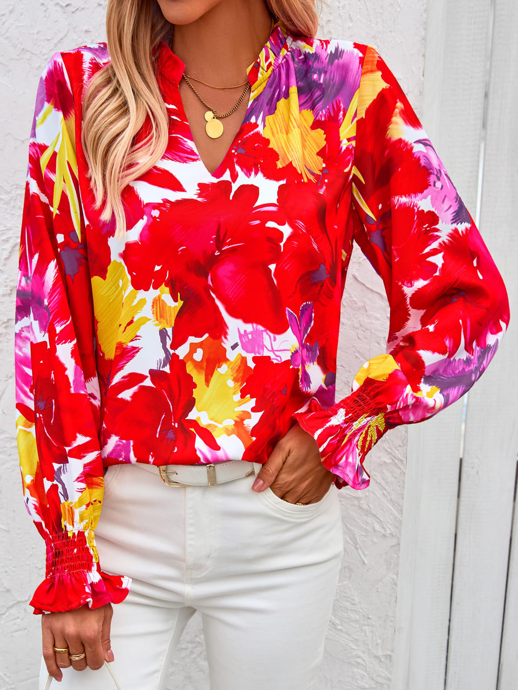 FreshPretty Womens V Neck Floral Long Sleeve Tops Summer Casual Loose Puff Sleeve Chiffon Boho Work Blouse Dressy T Shirts