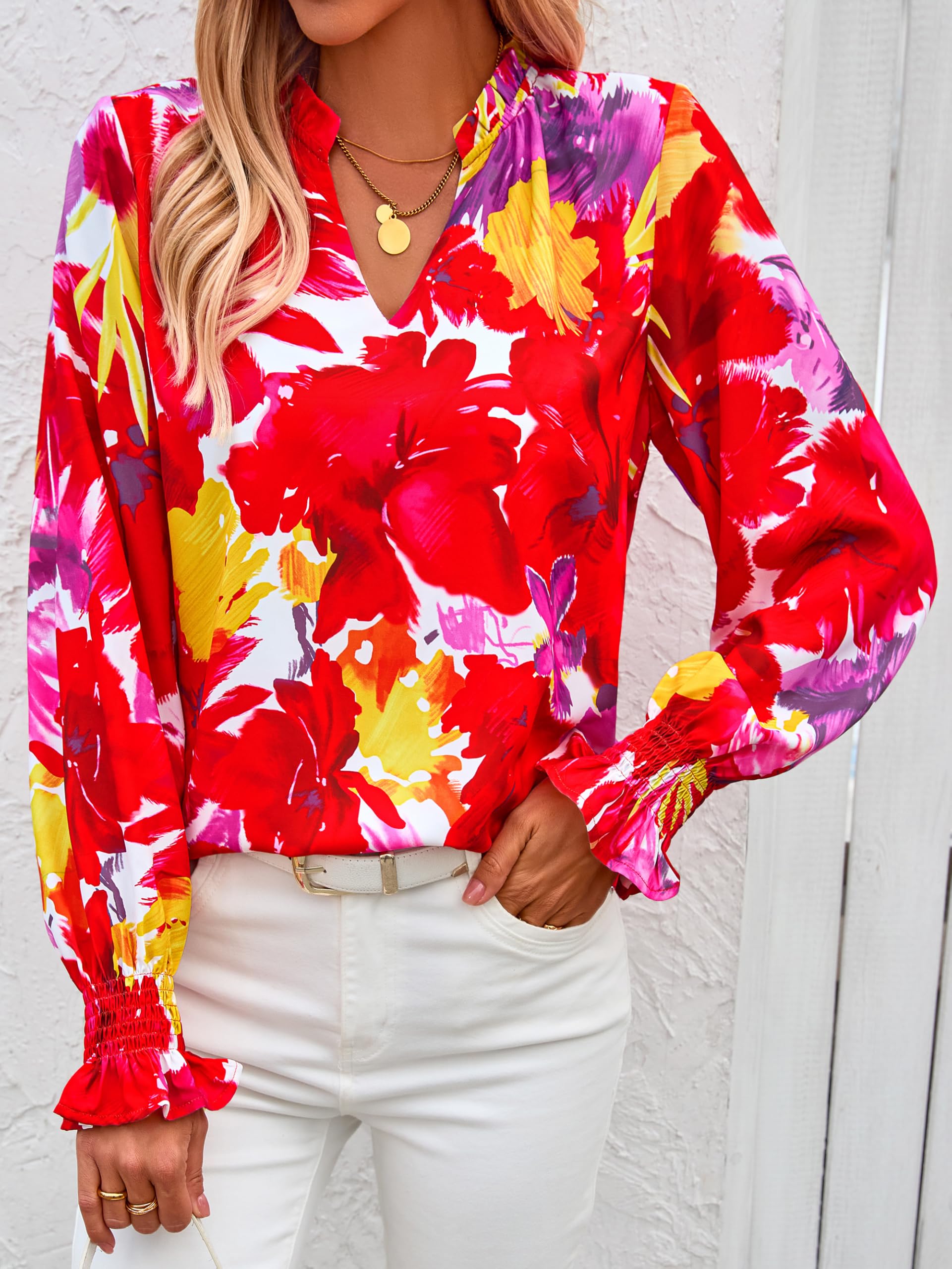FreshPretty Womens V Neck Floral Long Sleeve Tops Summer Casual Loose Puff Sleeve Chiffon Boho Work Blouse Dressy T Shirts