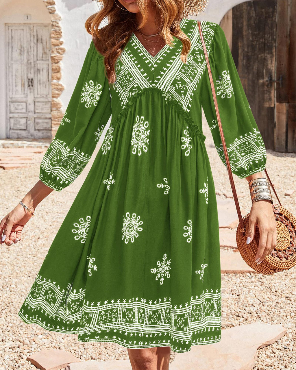 BTFBM Women Casual Spring Summer Dresses V Neck 3/4 Long Sleeve Ruffle Floral Flowy Boho Babydoll Mini Short Beach Dress