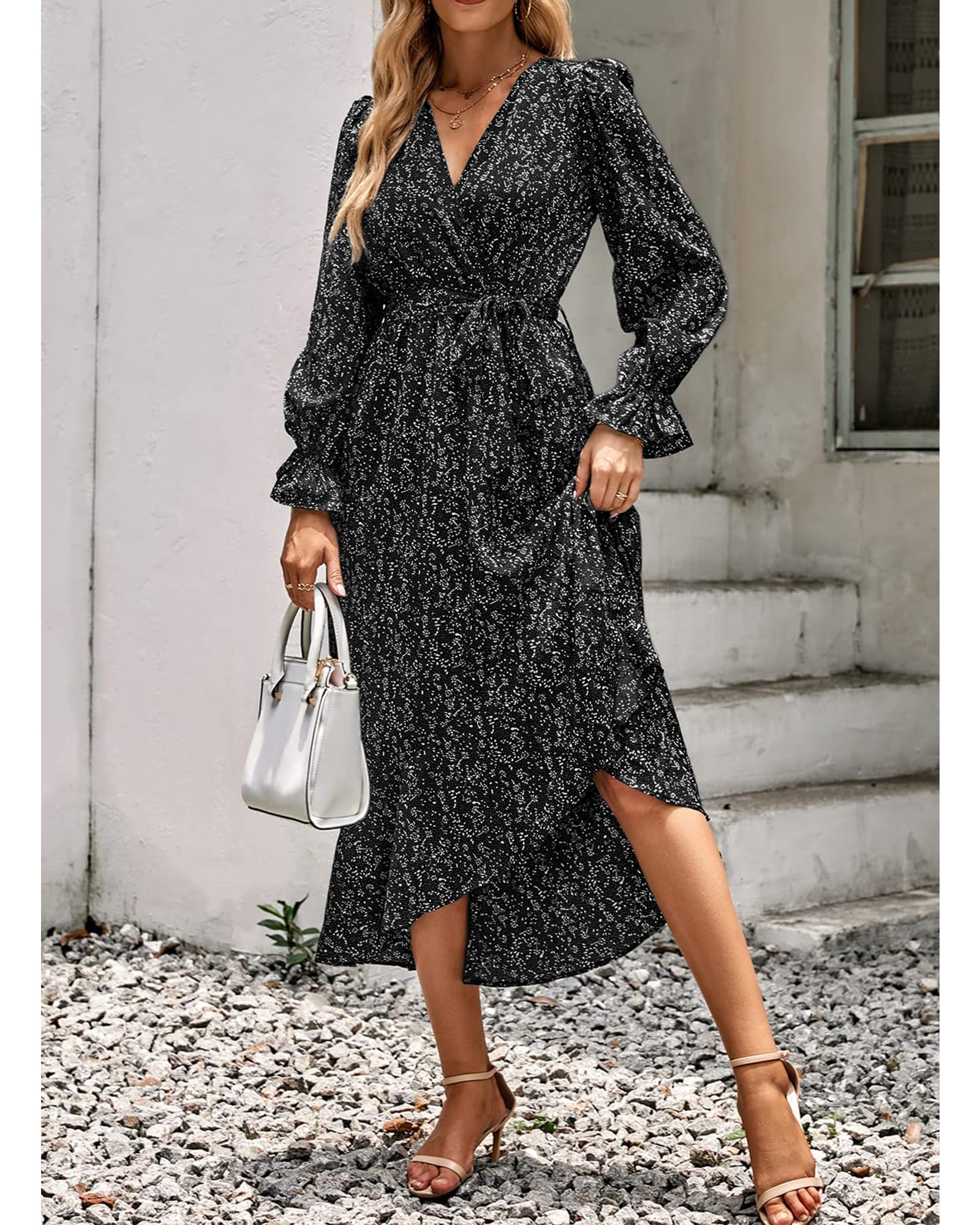 BTFBM Womens Dresses Summer V Neck Floral High Waist Ruffle Wedding Guest Cocktail Boho Spring Long Sleeve Dress