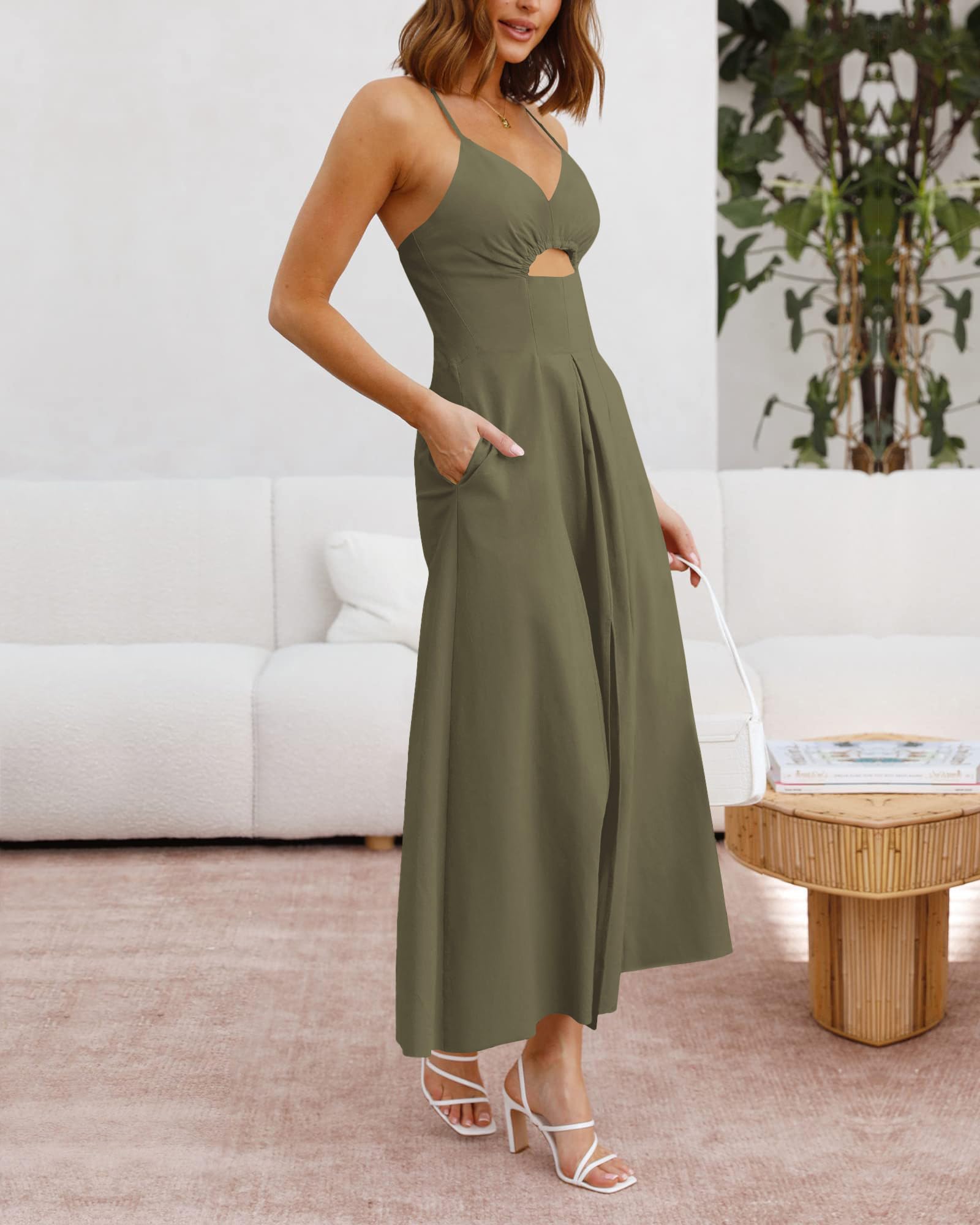 BTFBM Women Spaghetti Strap Midi Summer Dresses Sleeveless V Neck Cutout Slit Casual Beach Party Maxi Dress Pockets