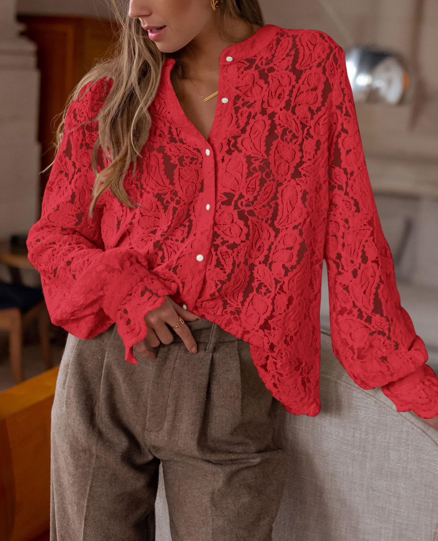 PRETTYGARDEN Women's Dressy Casual Lace Blouse Long Sleeve Button Up Shirts Tops Spring Fall Fashion Clothes