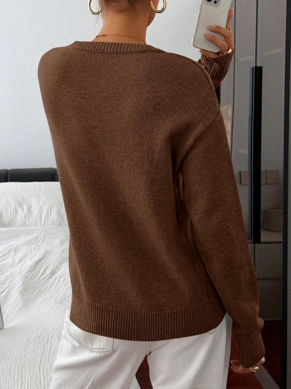 BTFBM Women Long Sleeve Crew Neck Sweaters Tops, 2 in1 Knitted Pullover, Deco Buttons, Oversized, Stretchy, Vacation, Business Casual Outfits, Fall Winter Trendy