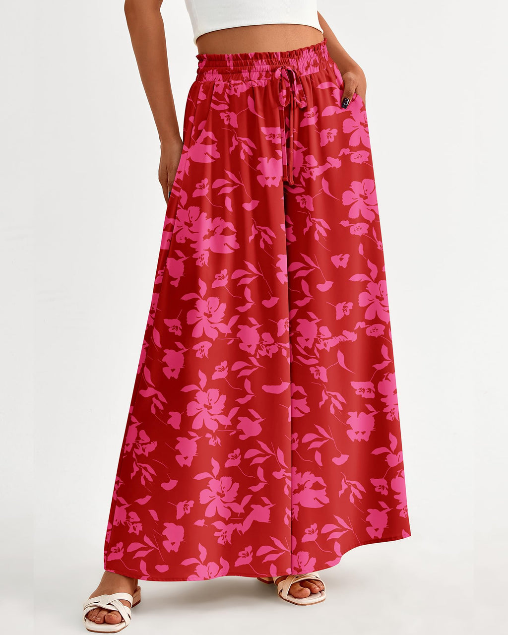 FreshPretty Women Casual High Waist Wide Leg Pants Summer Fall Long Palazzo Pants Pocket Lounge Vacation Beach Trousers