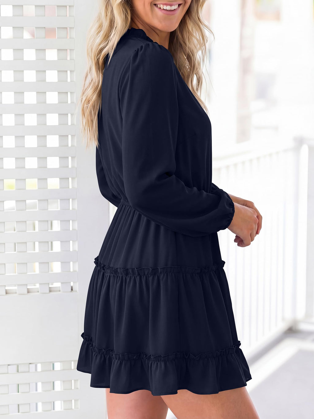 BTFBM Long Sleeve Summer Dresses for Women Casual Tie Neck Ruffle Tiered A Line Mini Spring Wedding Guest Dress