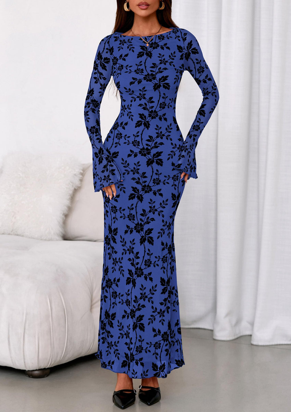 PRETTYGARDEN Women's Floral Bodycon Maxi Dress Fall Elegant Mesh Long Sleeve Formal Wedding Guest Cocktail Dresses