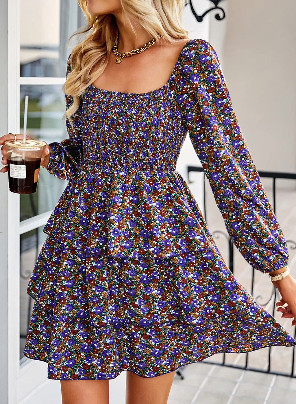 BTFBM Womens Long Sleeve Dress Summer Vacation Square Neck Smocked Floral Mini Boho Spring Wedding Guest Dresses