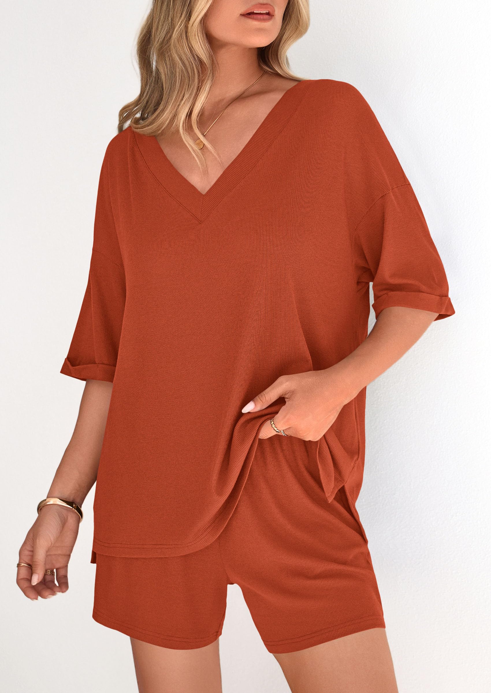 PRETTYGARDEN Womens 2 Piece Sets Summer Oversized Vneck Half Sleeve Tops Shorts Lounge Set Casual Travel Airport Outfits