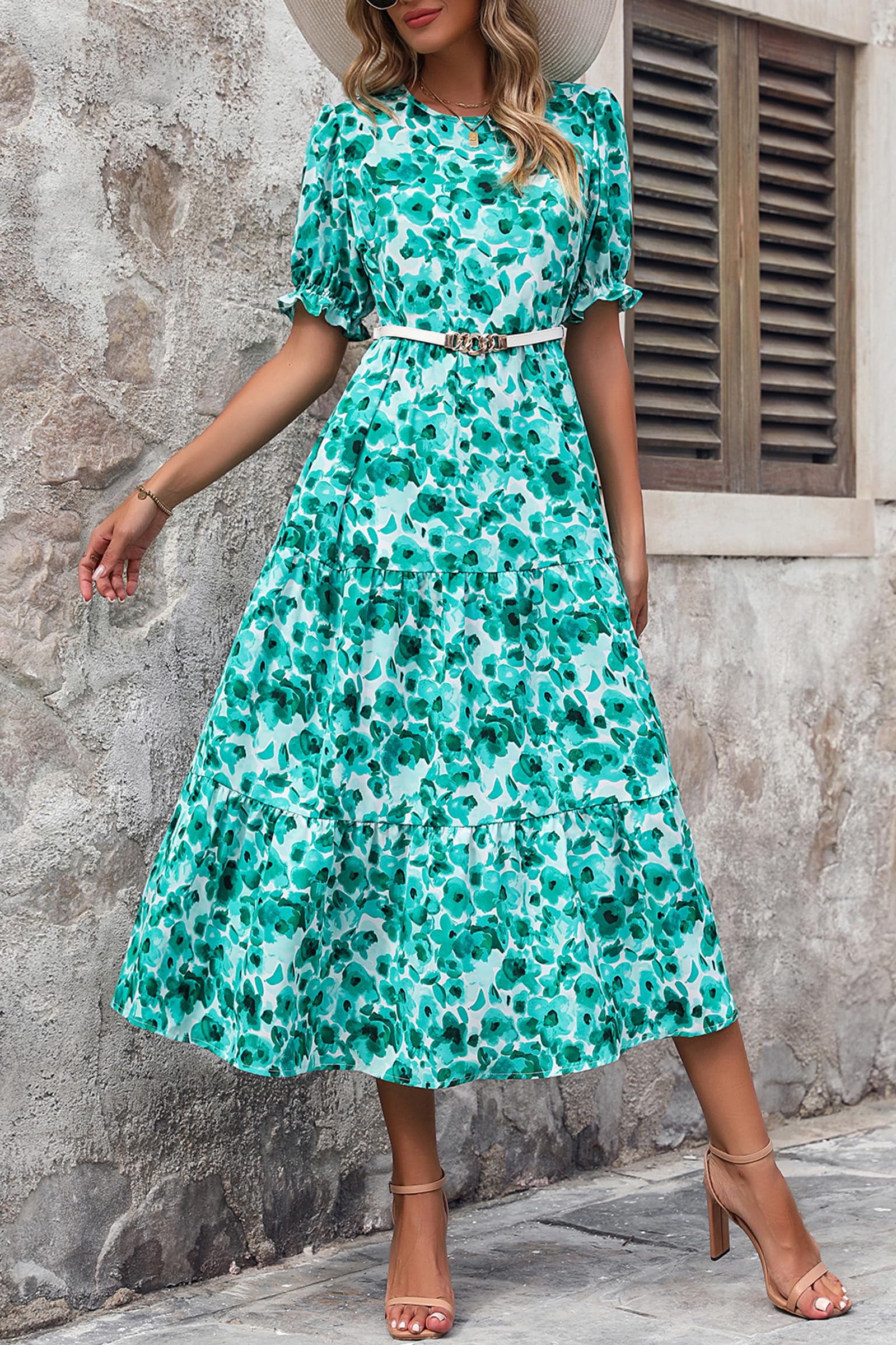 PRETTYGARDEN Summer Dresses for Women Casual Floral Boho Midi Sun Dress Puff Short Sleeve Flowy Beach Vacation Sundress