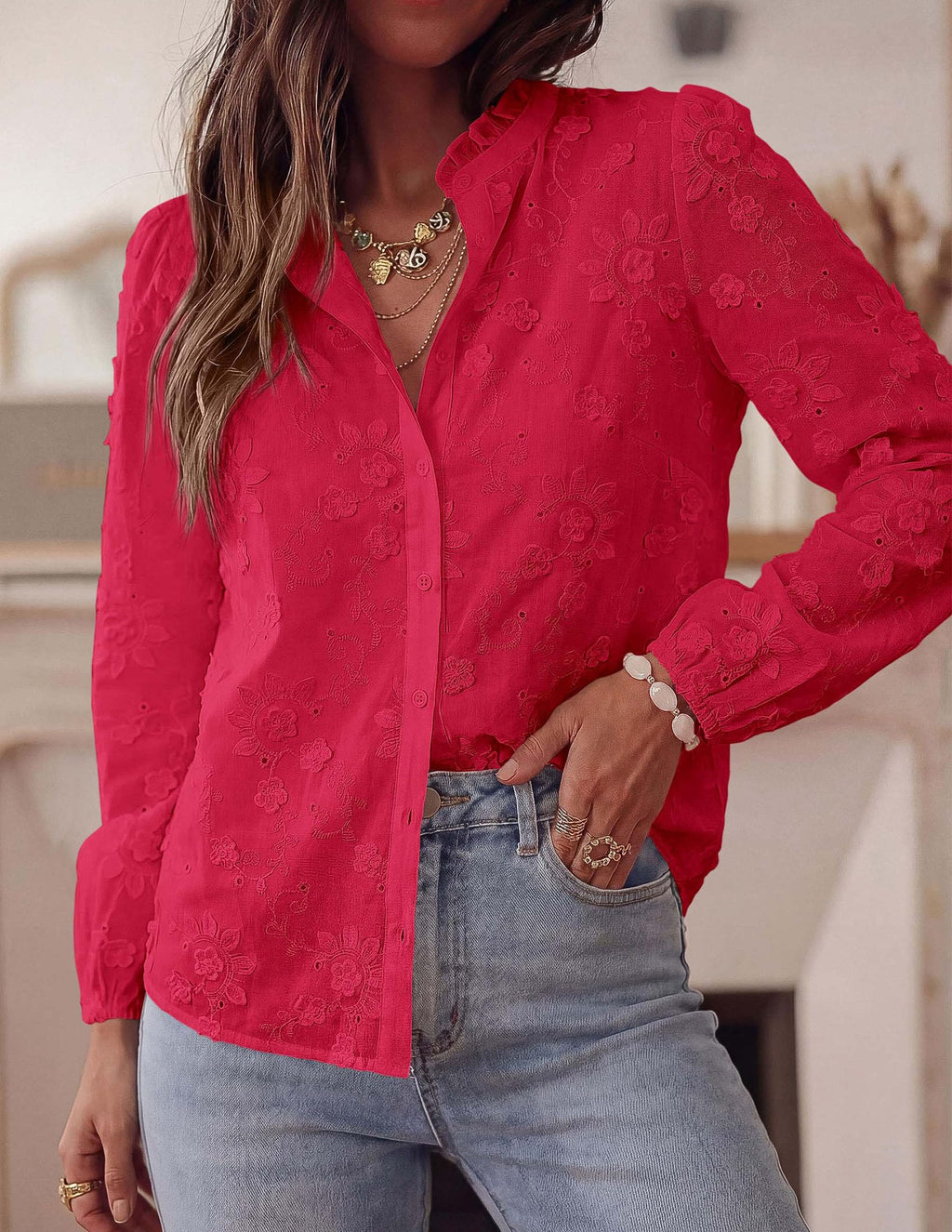 PRETTYGARDEN Women's Floral Embroidered Button Down Shirts | Ladies Dressy Fall Blouses, Long Sleeves, Ruffle Neck, Elegant Boho Eyelet Tops for Work, Business & Spring Casual Outings