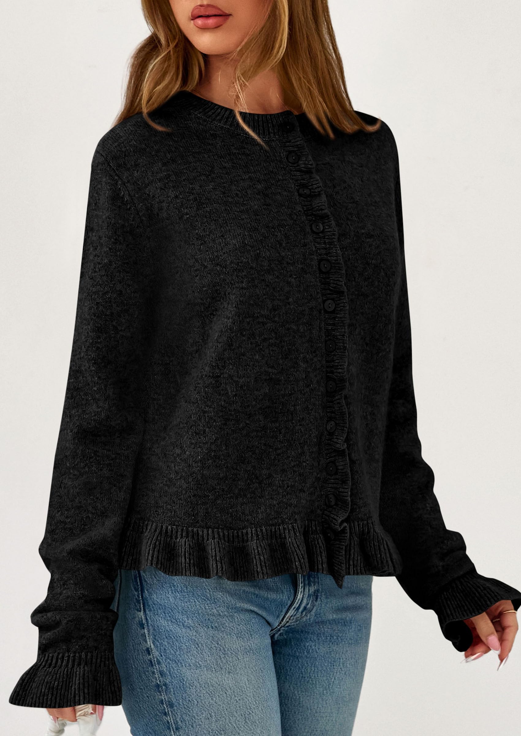 PRETTYGARDEN Womens Fall Button Down Cardigans Chunky Knit Ruffle Open Front Cropped Cardigan Sweaters Soft Long Sleeve Tops