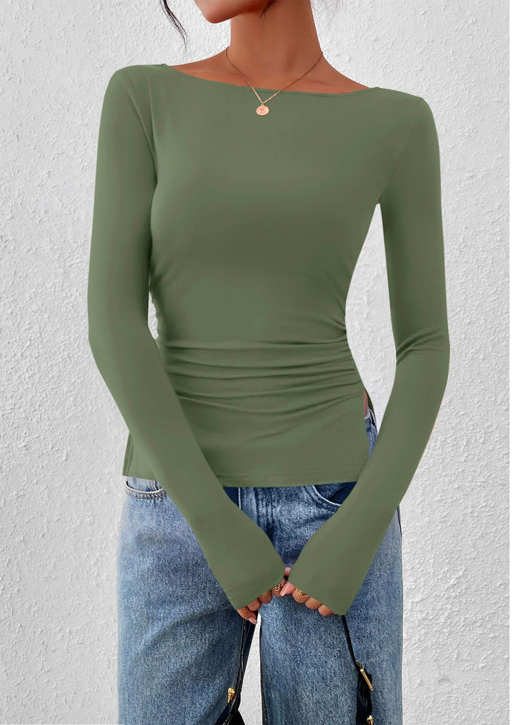 FreshPretty Long Sleeve Shirts for Women Fall Casual Boat Neck Knit Workout Going Out Tops Fitted Side Slit Basic Tees