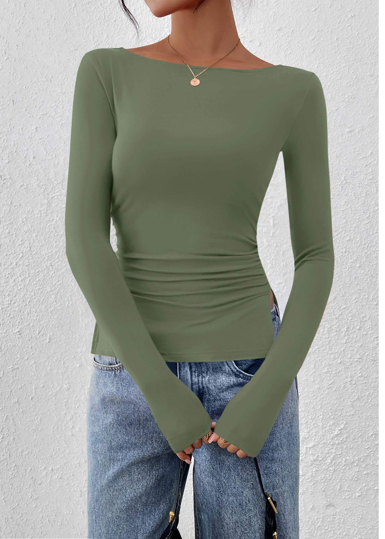 FreshPretty Long Sleeve Shirts for Women Fall Casual Boat Neck Knit Workout Going Out Tops Fitted Side Slit Basic Tees