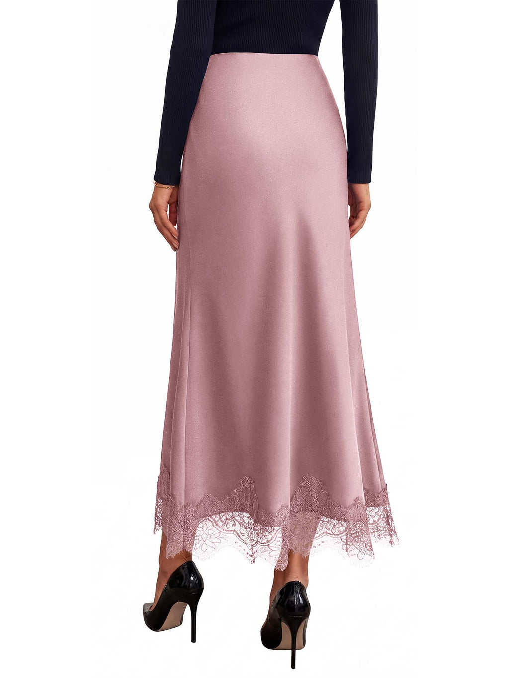 BTFBM Lace Trim Satin Skirts for Women Elegant | Lightweight, High Waist, A-Line, Flowy Maxi Skirt, Wedding, Cocktail, Graduation, Holiday Outfits, Fall Fashion Clothing