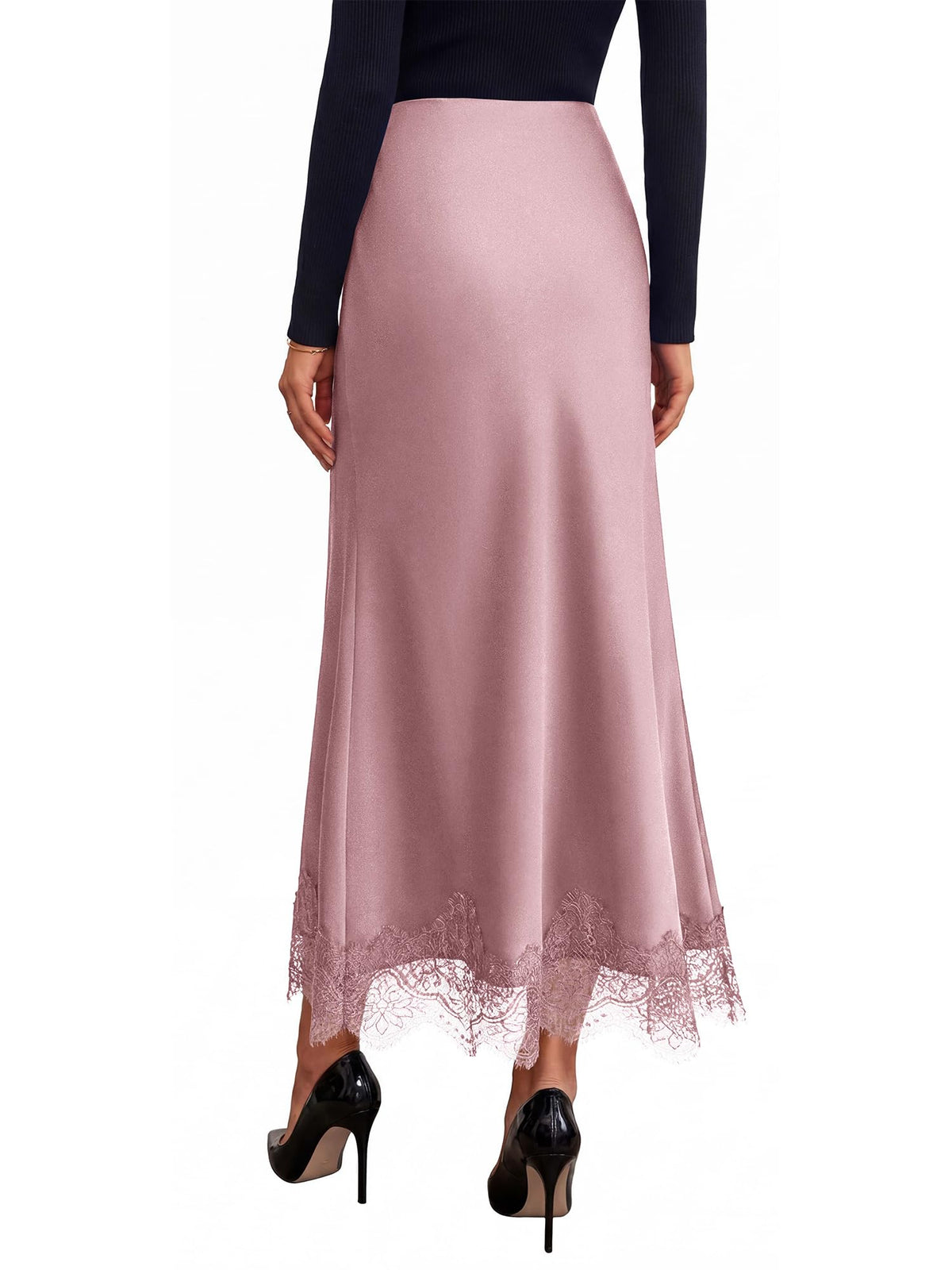 BTFBM Lace Trim Satin Skirts for Women Elegant | Lightweight, High Waist, A-Line, Flowy Maxi Skirt, Wedding, Cocktail, Graduation, Holiday Outfits, Fall Fashion Clothing