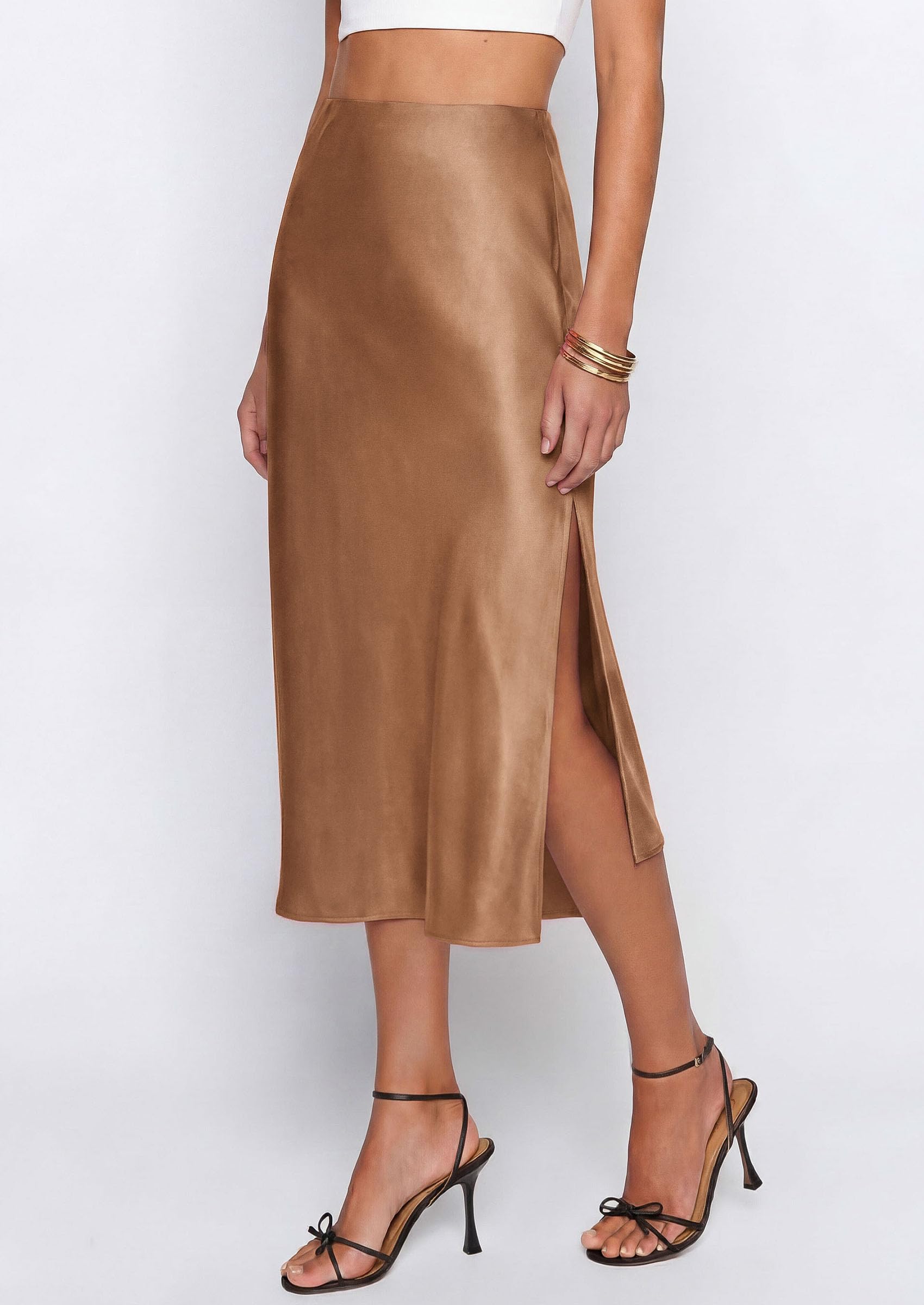 PRETTYGARDEN Womens Satin Skirt Summer Silk Business Casual High Waisted A Line Flowy Work Wedding Cocktail Midi Skirts