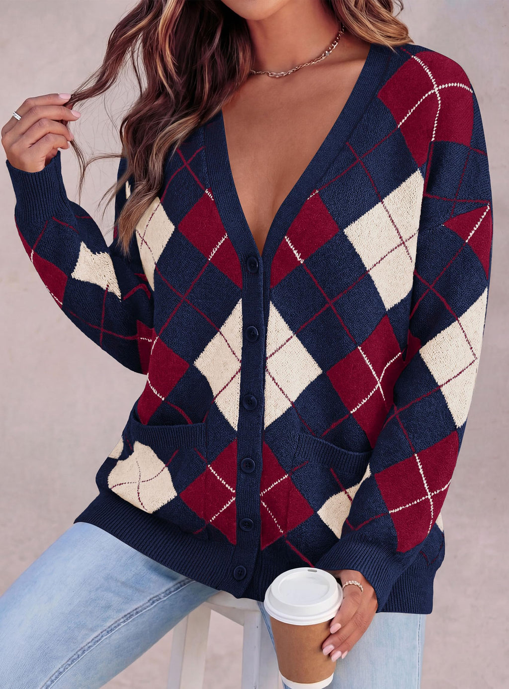 PRETTYGARDEN Women's Cardigan Argyle Winter Sweaters Cozy Warm Chunky Knit, Long Sleeve V Neck, Color Block Plaid, Button Up Pocket,Trendy Fall Jackets, Holiday Going Out Outfits
