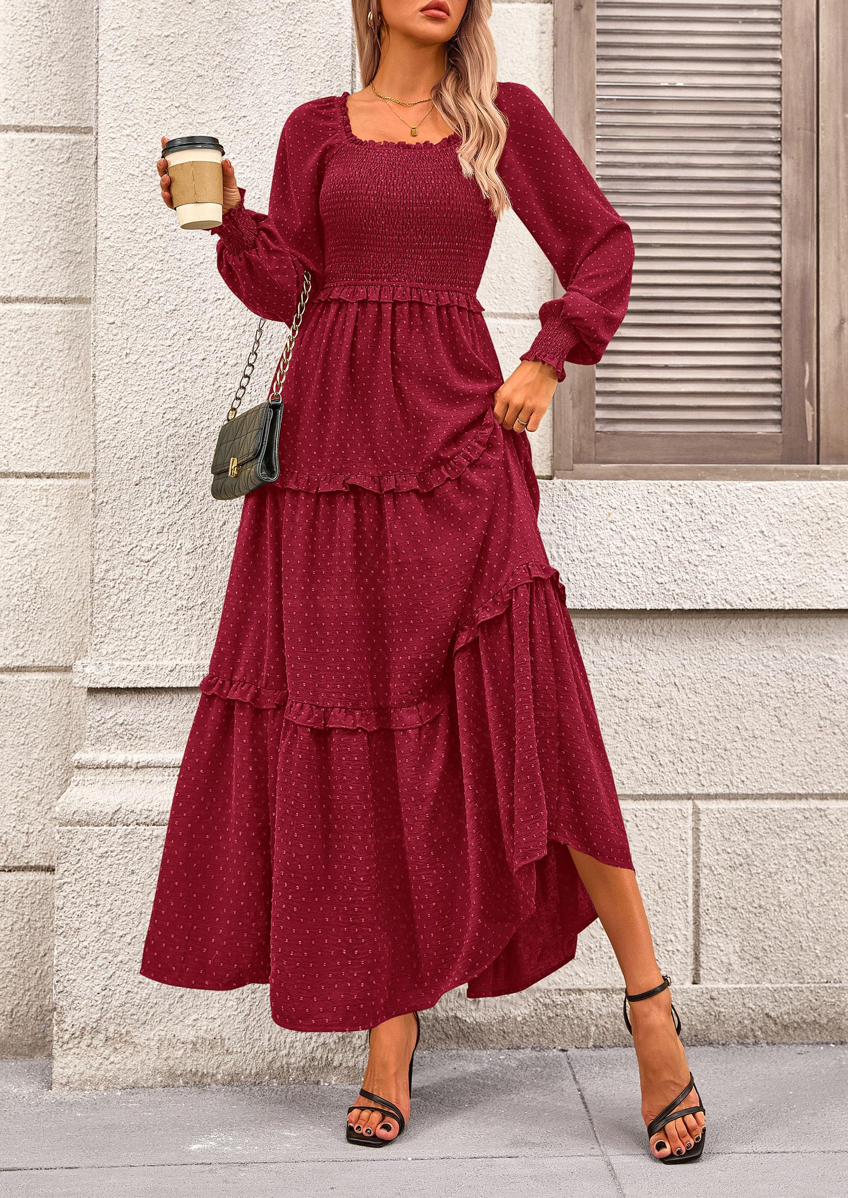 PRETTYGARDEN Fall Dresses for Women Long Sleeve Smocked Square Neck Swiss Dot Tiered Flowy Wedding Guest Maxi Dress