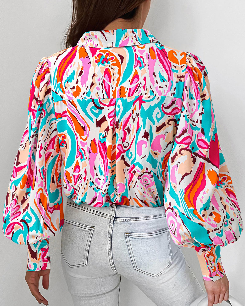 BTFBM Women Fashion Button Down Shirts V Neck Boho Printed Long Sleeve Blouses Dressy Casual Spring Fall Tops