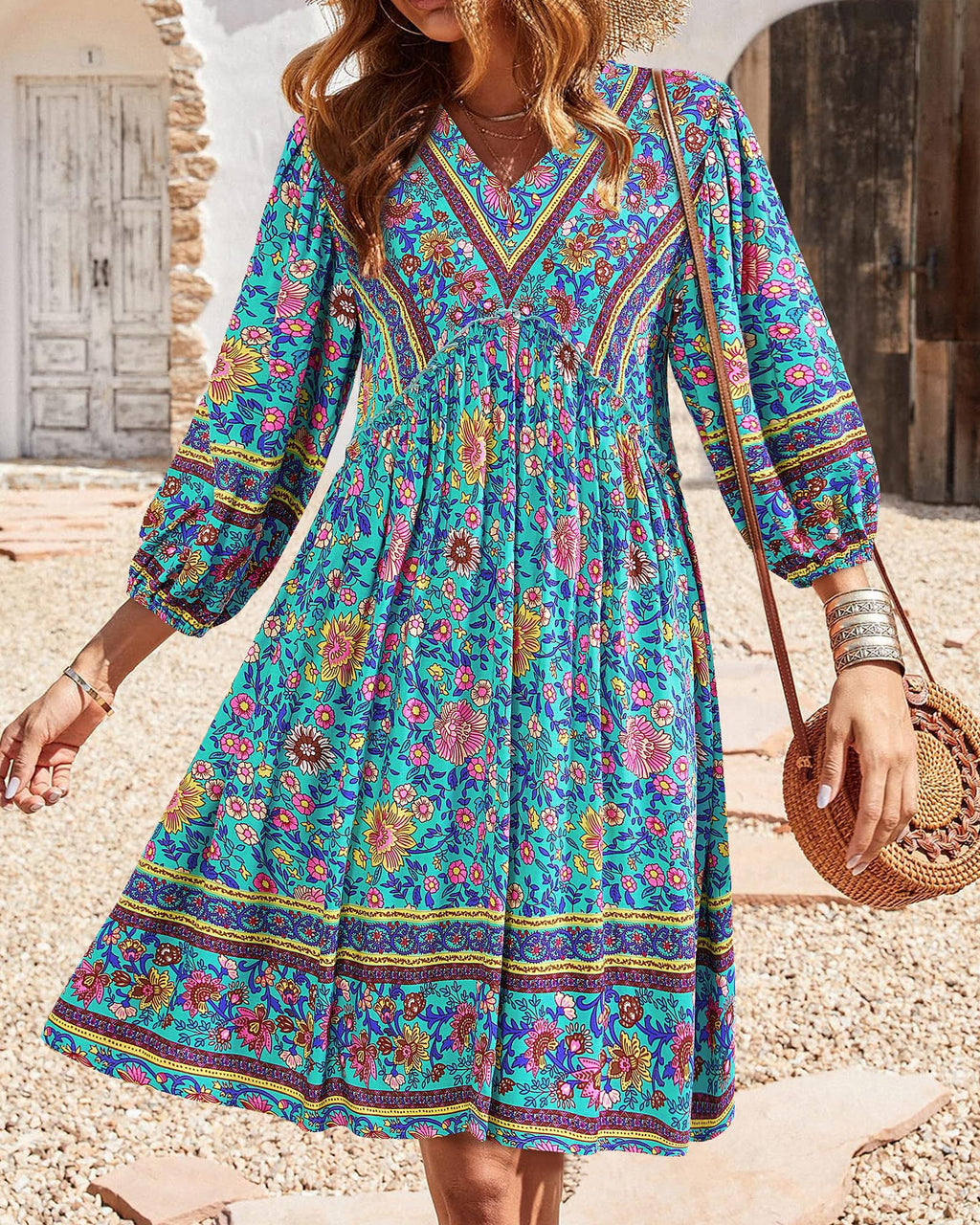 BTFBM Women Casual Spring Summer Dresses V Neck 3/4 Long Sleeve Ruffle Floral Flowy Boho Babydoll Mini Short Beach Dress