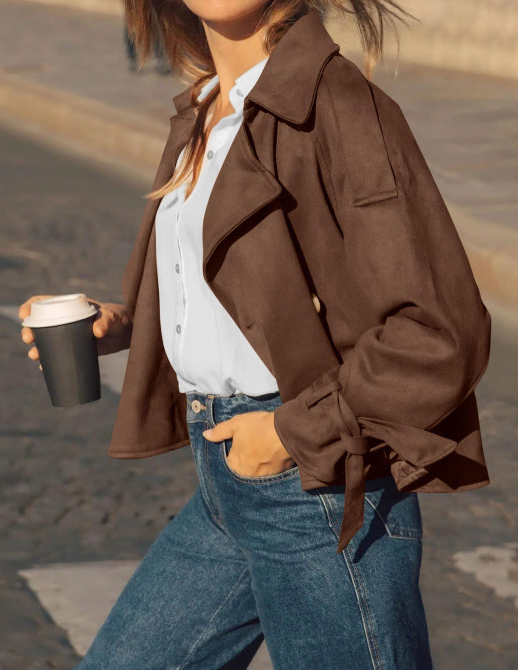 PRETTYGARDEN Women Faux Suede Double Breasted Trench Coat Cropped Jackets Raglan Long Sleeve,Lapel,Tie Cuff,Button Down,Fall Fashion Outerwear,Winter Clothes,Work Office Casual Short Jacket